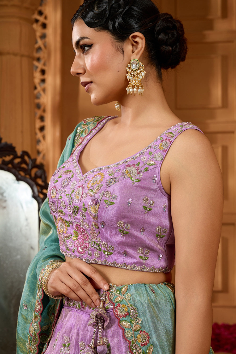 LAVNDER SATIN SILK LEHENGA CHOLI WITH MOTI AND SEQUINS