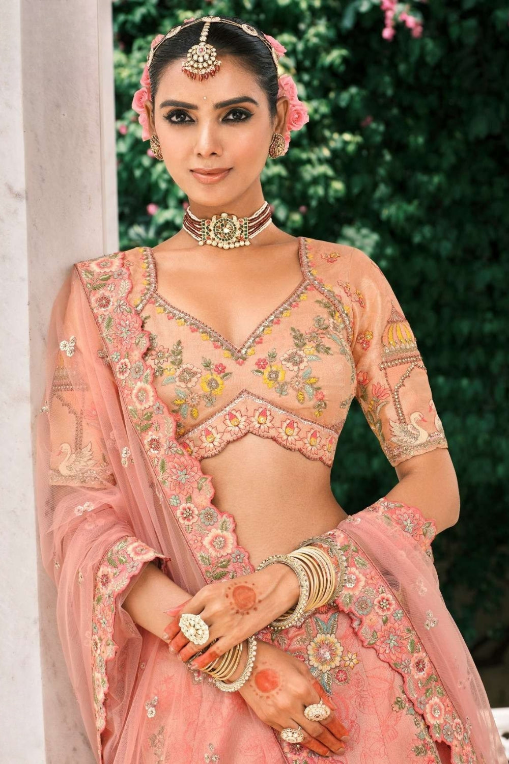 LIGHT PEACH SILK BRIDAL LEHENGA WITH RESHAM EMBROIDERY AND SEQUINS