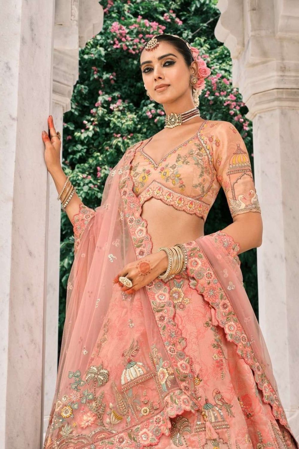 LIGHT PEACH SILK BRIDAL LEHENGA WITH RESHAM EMBROIDERY AND SEQUINS