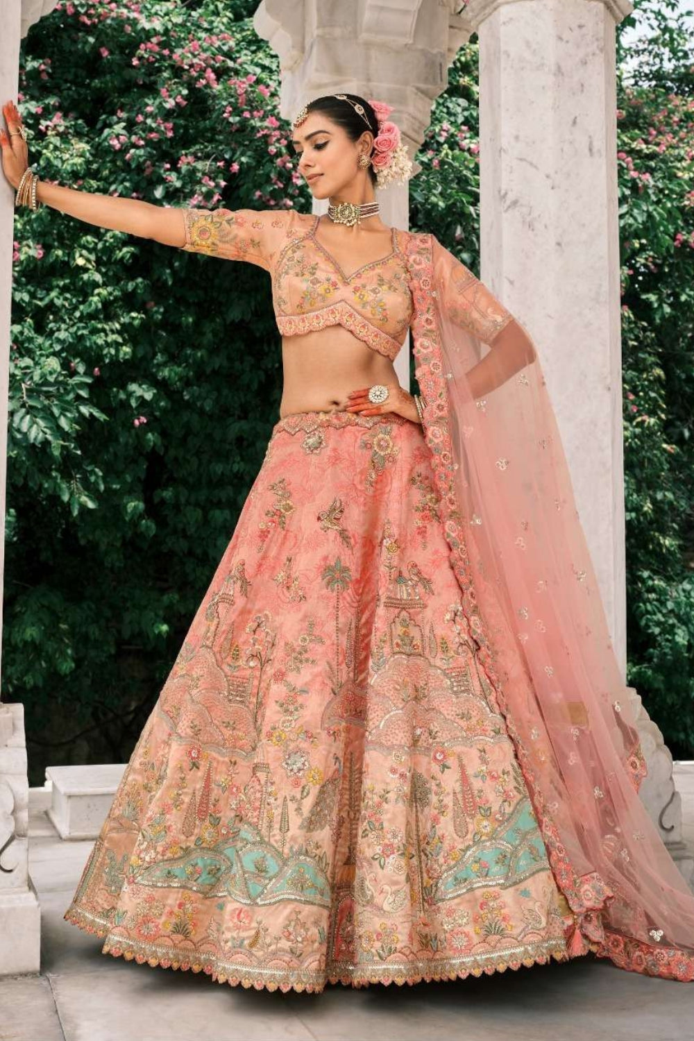 LIGHT PEACH SILK BRIDAL LEHENGA WITH RESHAM EMBROIDERY AND SEQUINS