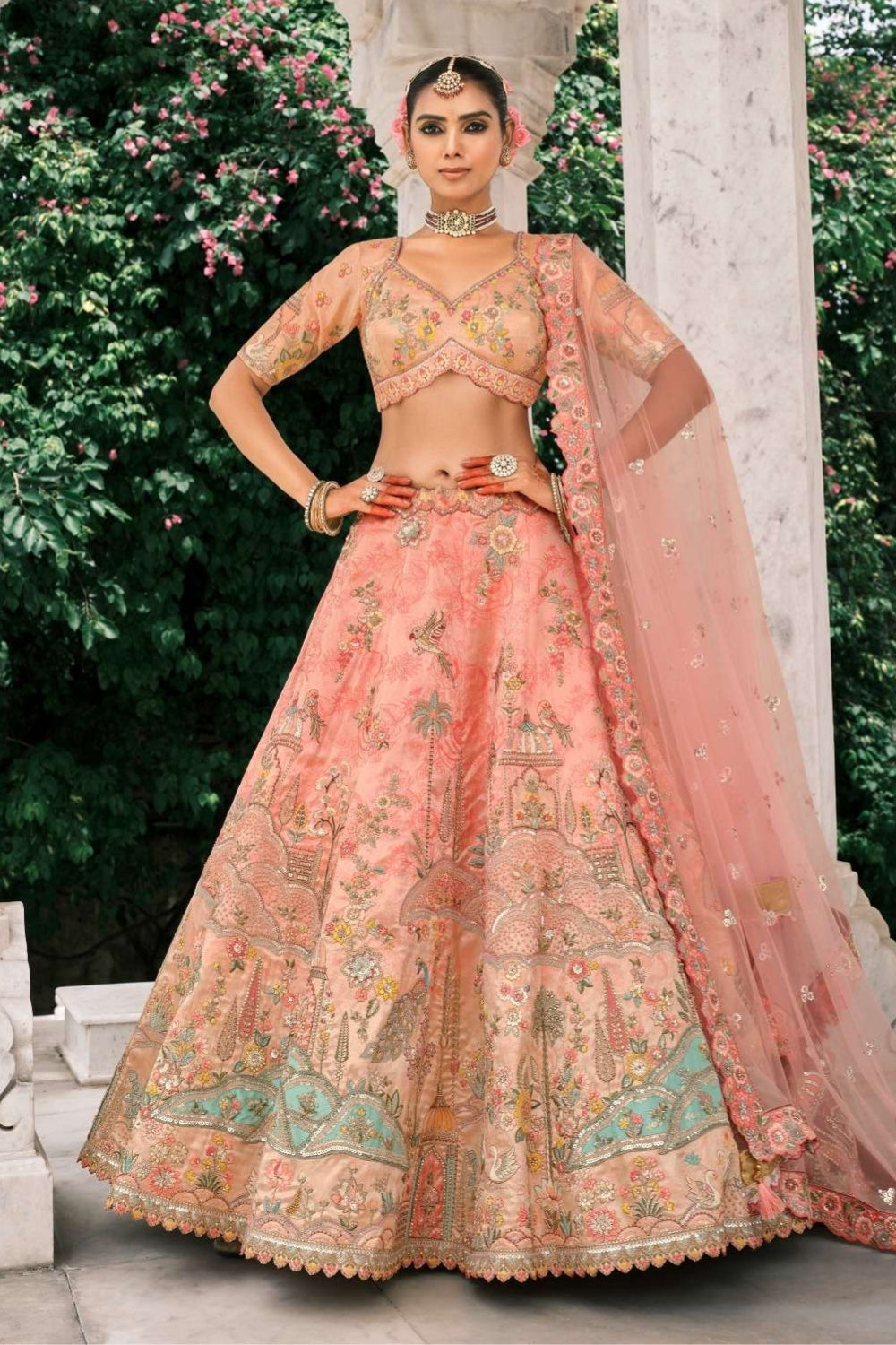 LIGHT PEACH SILK BRIDAL LEHENGA WITH RESHAM EMBROIDERY AND SEQUINS