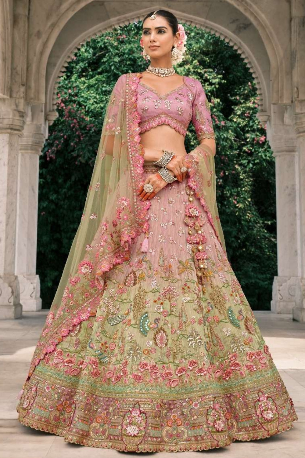 LIGHT PINK AND GREEN SILK BRIDAL LEHENGA WITH EMBROIDERY AND MIRROR WORK