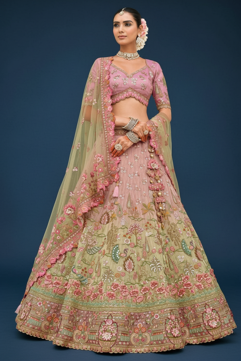 LIGHT PINK AND GREEN SILK BRIDAL LEHENGA WITH EMBROIDERY AND MIRROR WORK