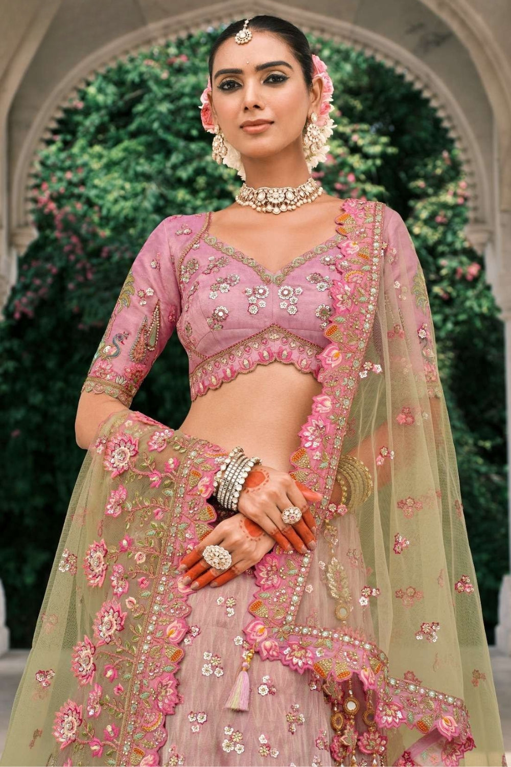LIGHT PINK AND GREEN SILK BRIDAL LEHENGA WITH EMBROIDERY AND MIRROR WORK