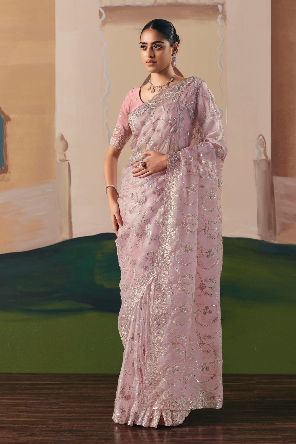 LIGHT PINK ORGANZA SAREE WITH RESHAM EMBROIDERY AND SEQUINS