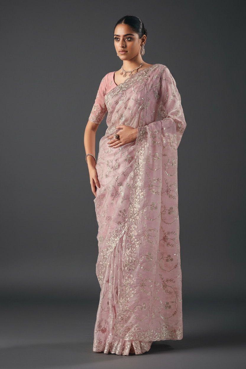 LIGHT PINK ORGANZA SAREE WITH RESHAM EMBROIDERY AND SEQUINS