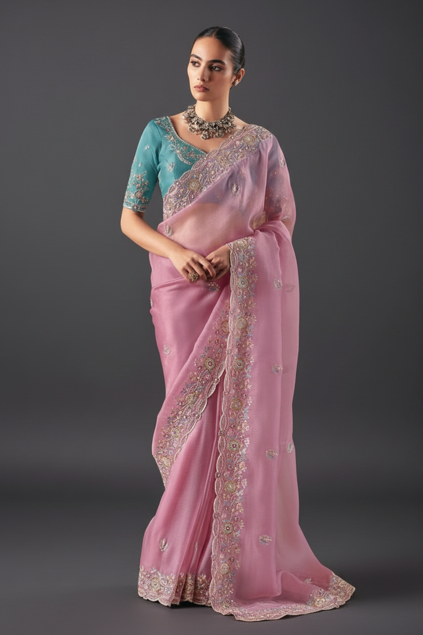 LIGHT PINK ORGANZA TISSUE SAREE WITH SEQUINS AND MOTI WORK
