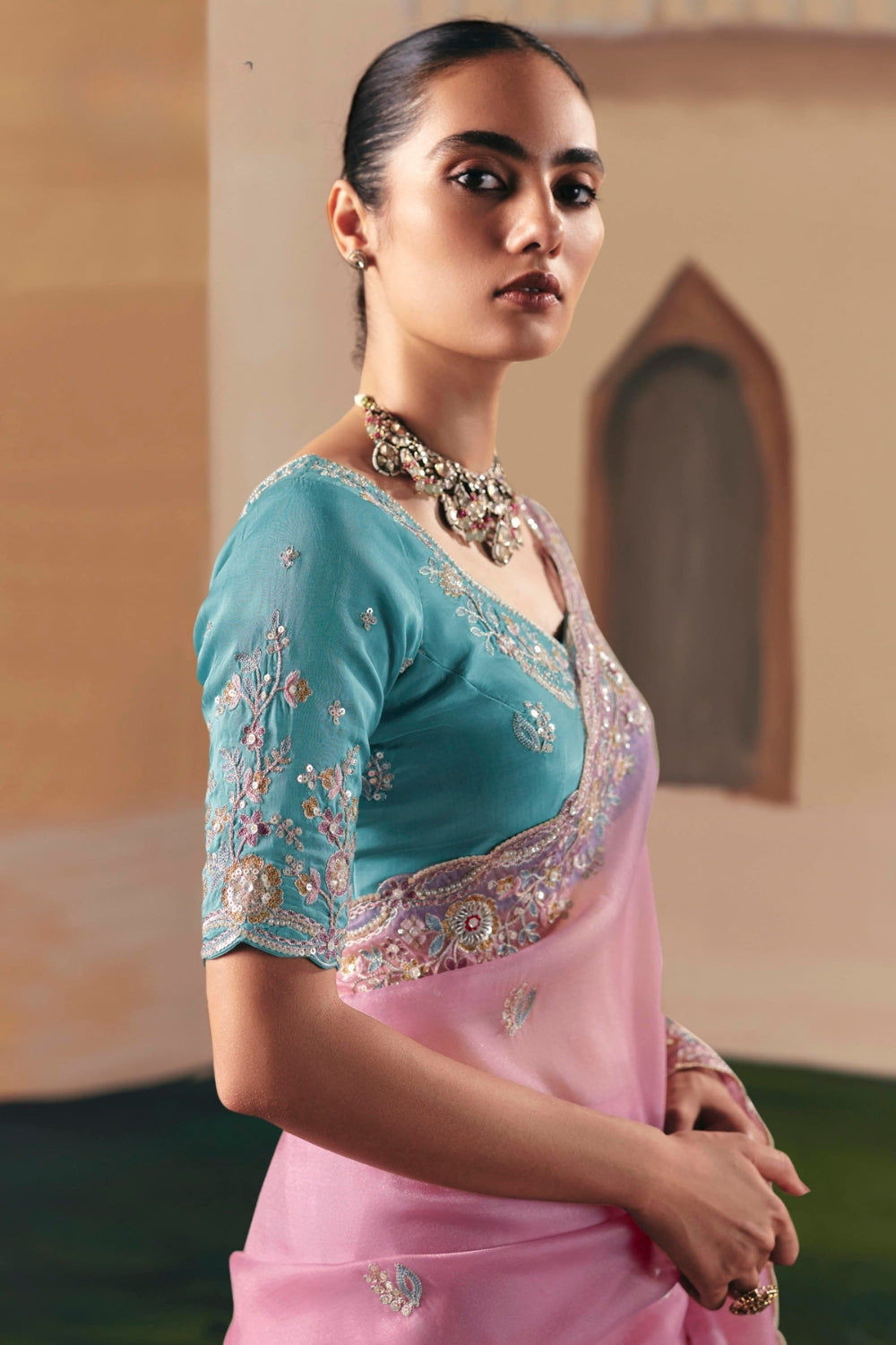 LIGHT PINK ORGANZA TISSUE SAREE WITH SEQUINS AND MOTI WORK