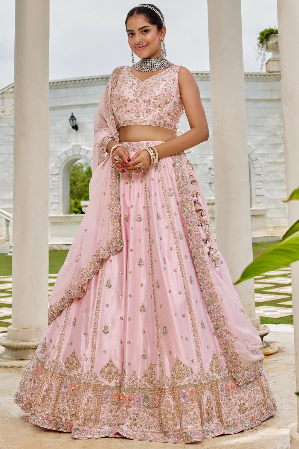 LIGHT PINK SILK LEHENGA CHOLI WITH CUTDANA AND ZARDOSI
