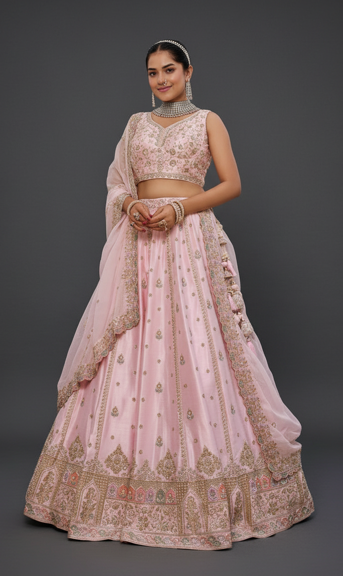 LIGHT PINK SILK LEHENGA CHOLI WITH CUTDANA AND ZARDOSI