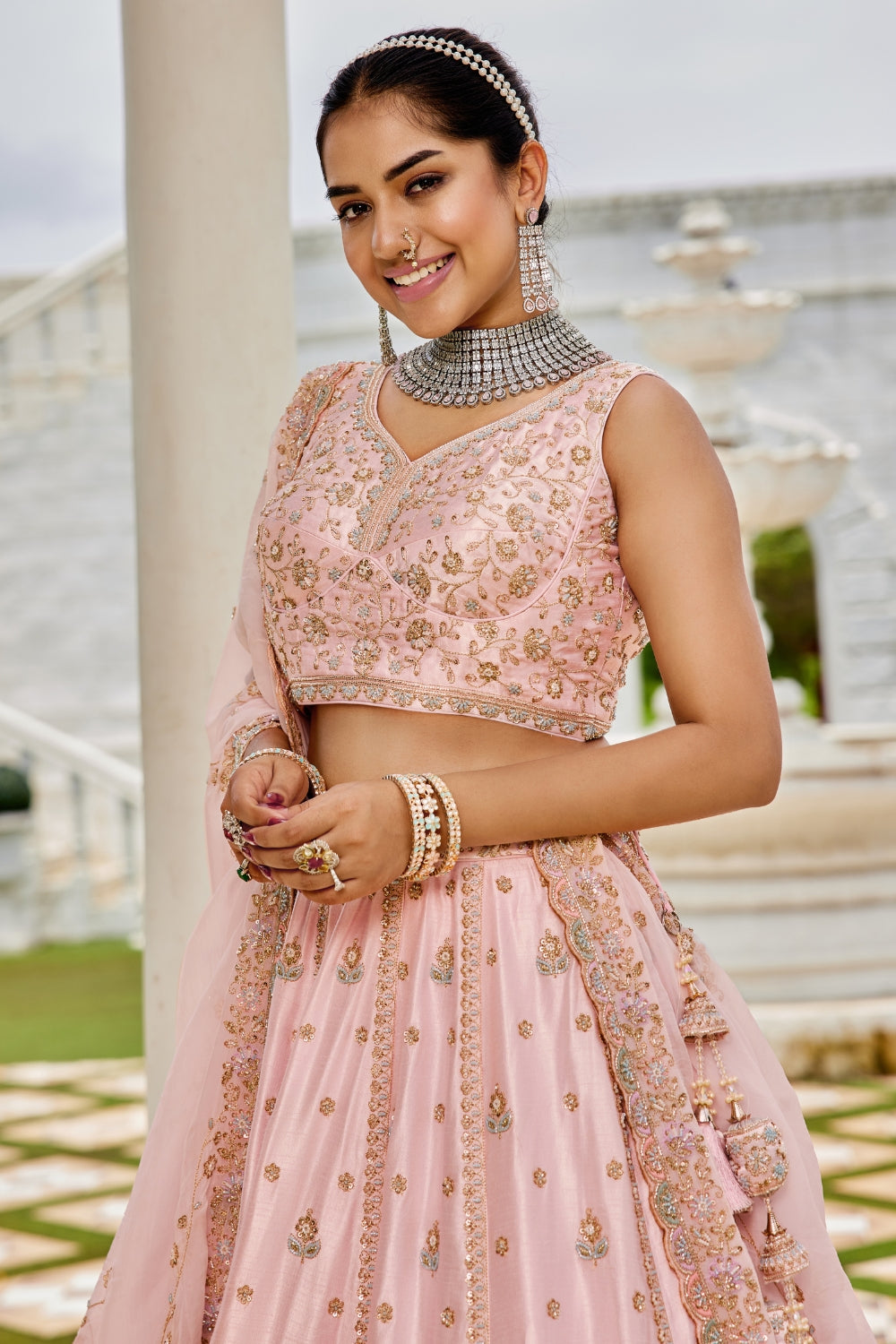 LIGHT PINK SILK LEHENGA CHOLI WITH CUTDANA AND ZARDOSI