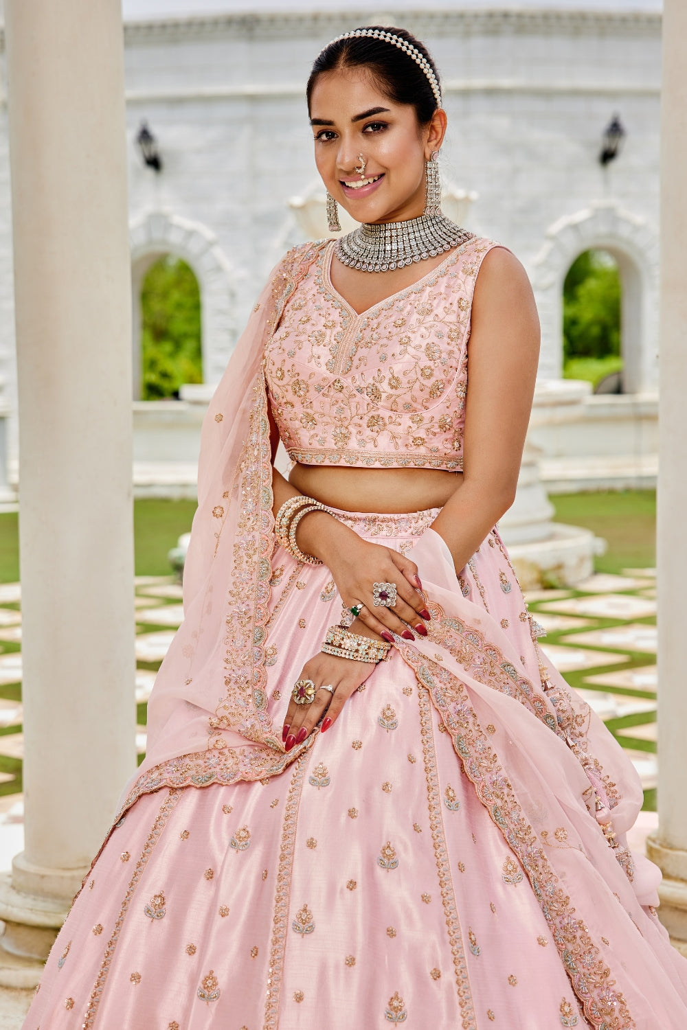 LIGHT PINK SILK LEHENGA CHOLI WITH CUTDANA AND ZARDOSI
