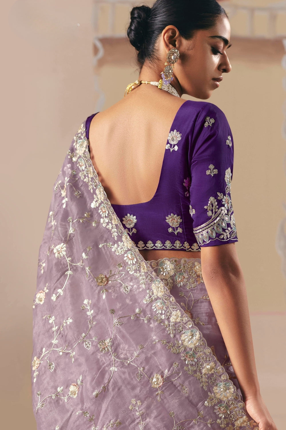 LIGHT PURPLE ORGANZA SAREE WITH RESHAM EMBROIDERY