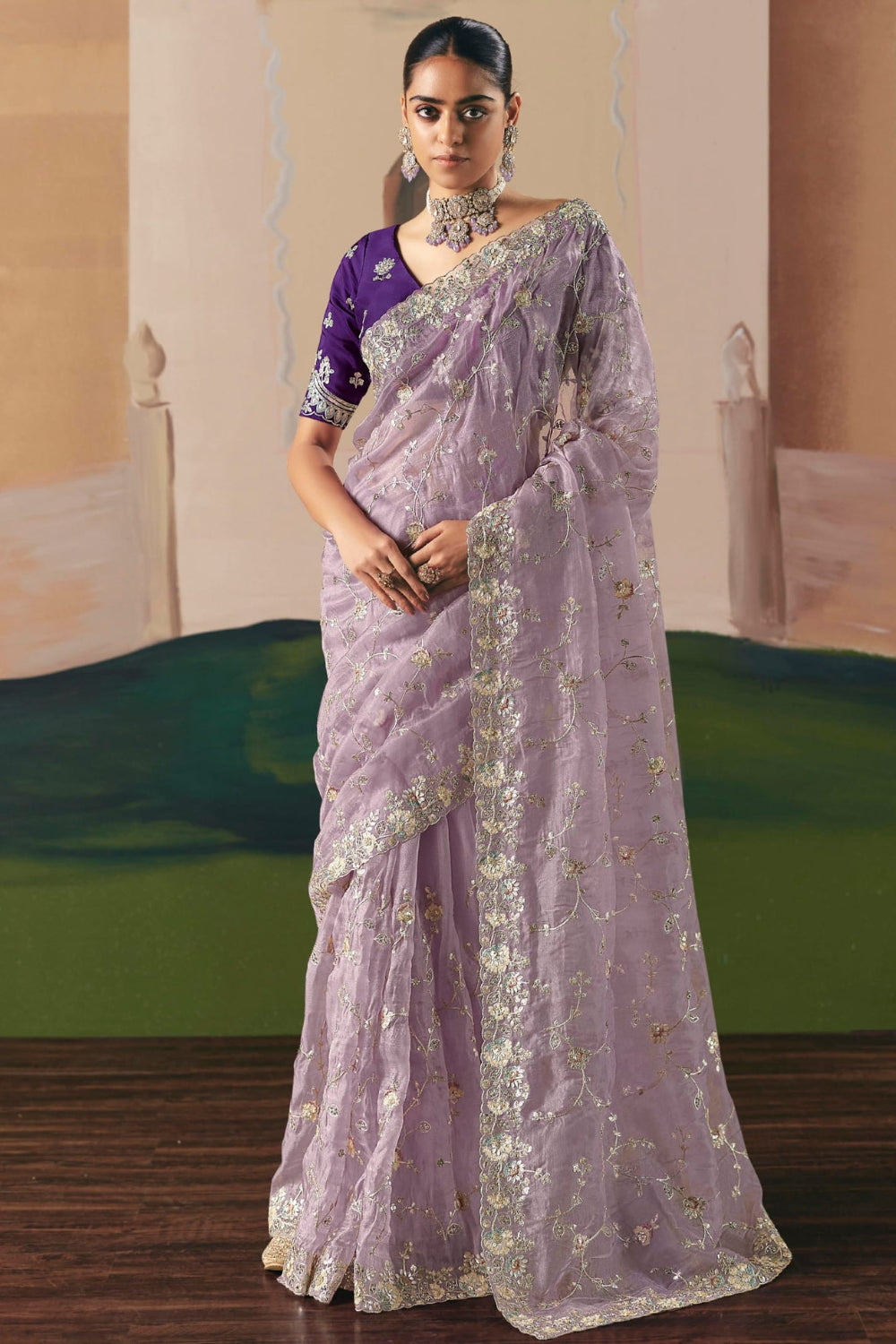 LIGHT PURPLE ORGANZA SAREE WITH RESHAM EMBROIDERY