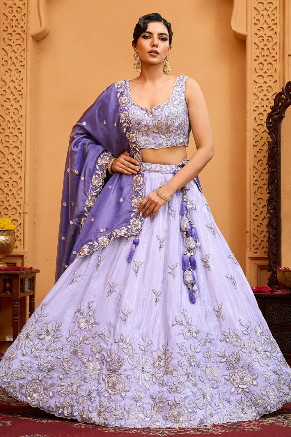 LILAC TISSUE LEHENGA CHOLI WITH MOTI AND SEQUINS