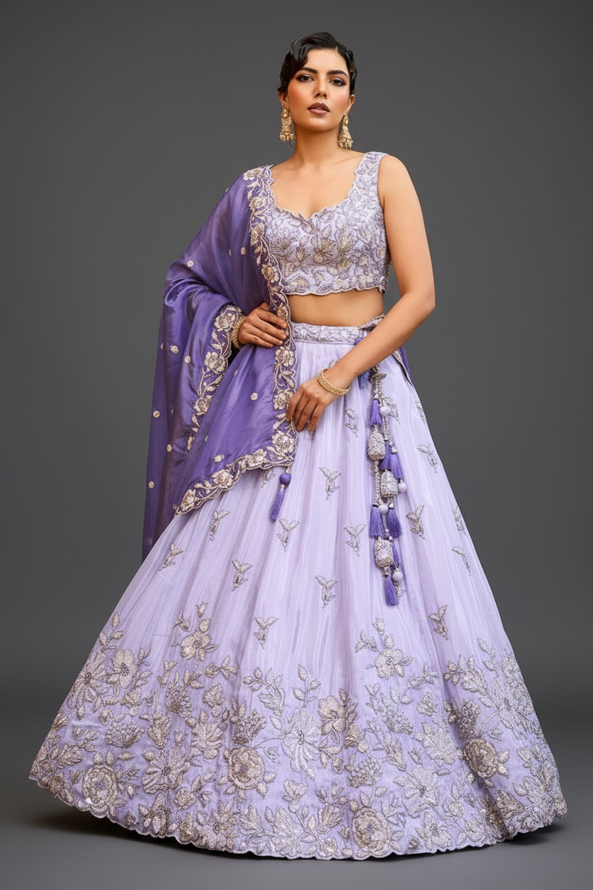 LILAC TISSUE LEHENGA CHOLI WITH MOTI AND SEQUINS