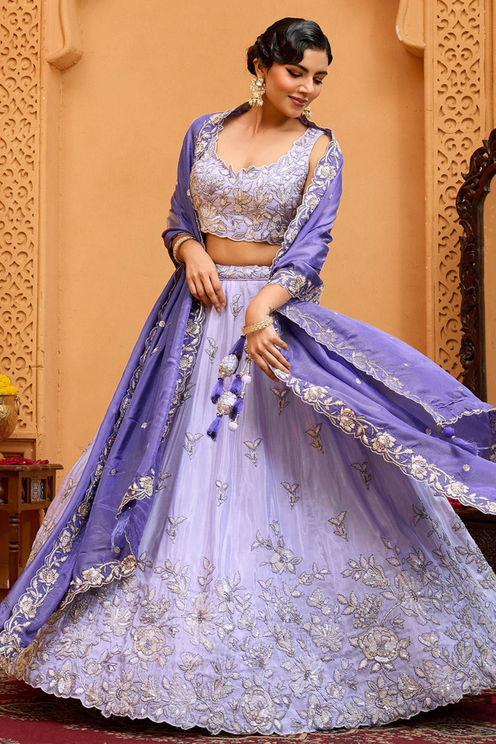 LILAC TISSUE LEHENGA CHOLI WITH MOTI AND SEQUINS