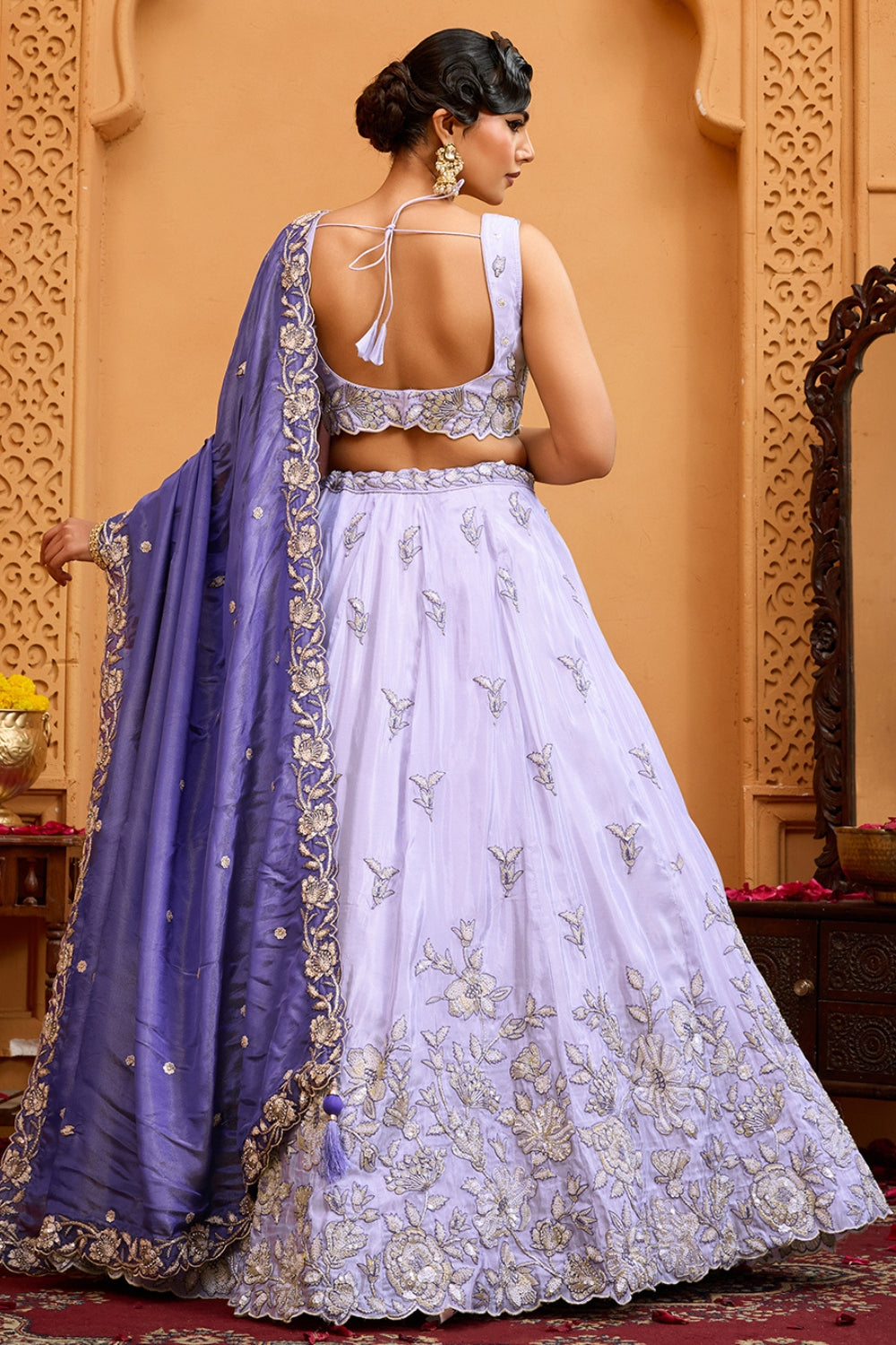 LILAC TISSUE LEHENGA CHOLI WITH MOTI AND SEQUINS