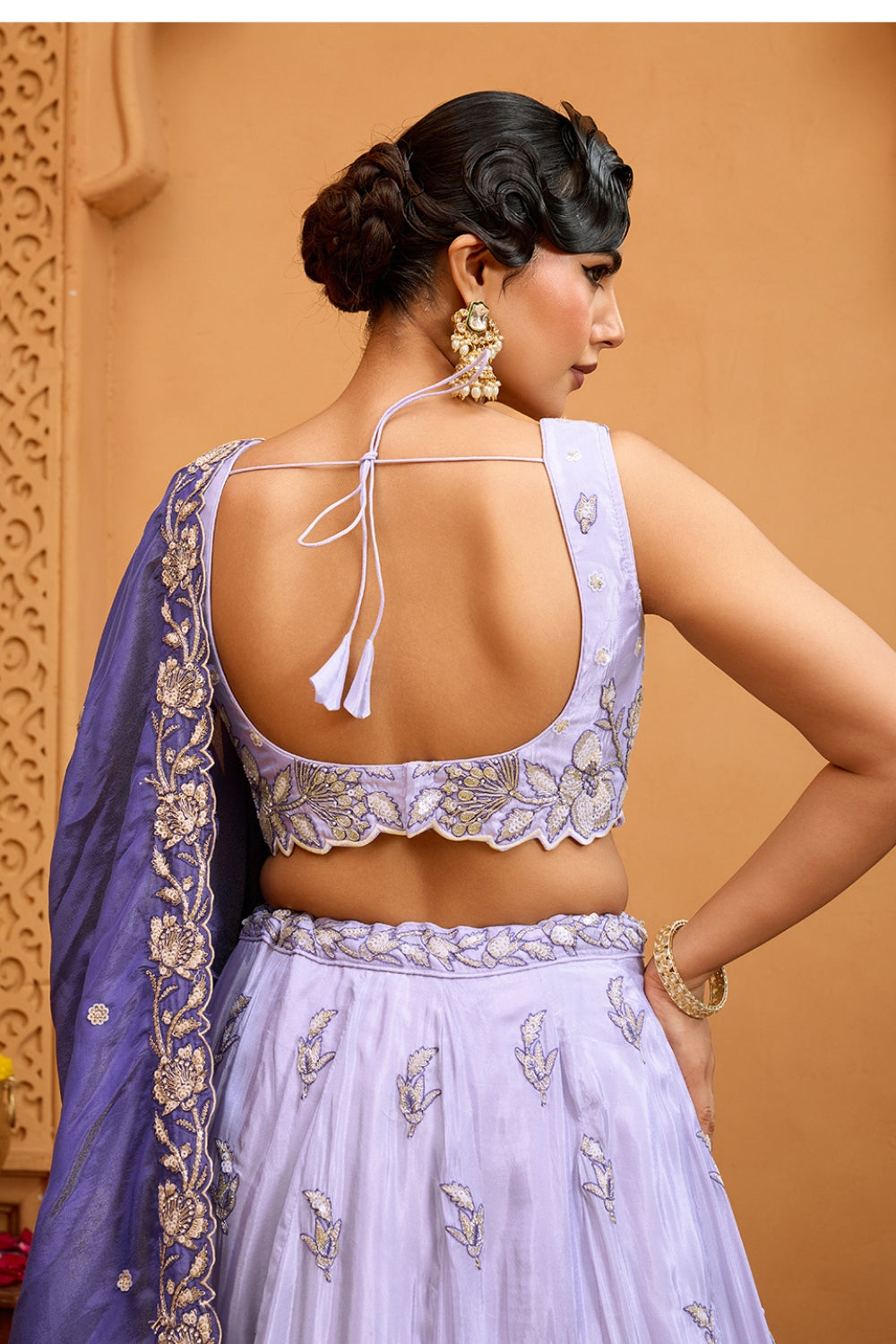 LILAC TISSUE LEHENGA CHOLI WITH MOTI AND SEQUINS