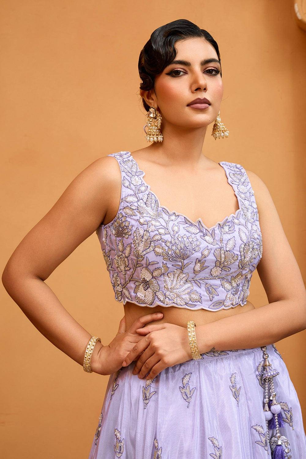 LILAC TISSUE LEHENGA CHOLI WITH MOTI AND SEQUINS