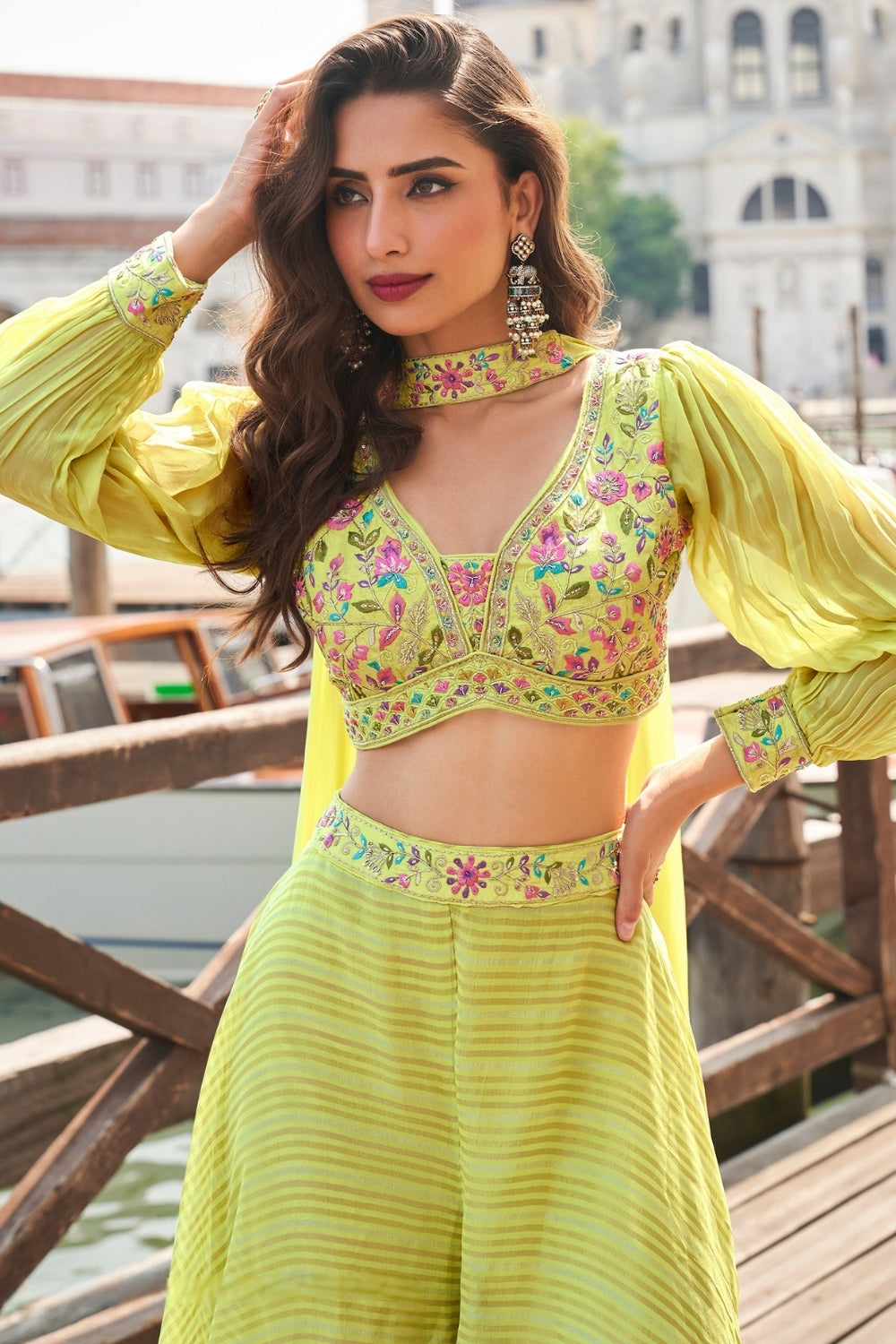 LIME GREEN VISCOSE JACQUARD EMBROIDERED CROP TOP PALAZZO SET