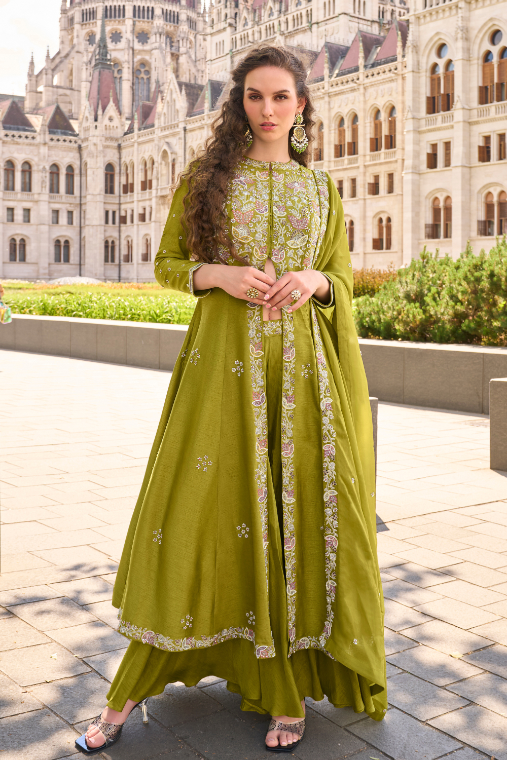 Green Silk Indo-Western with Sequins and Pearl work