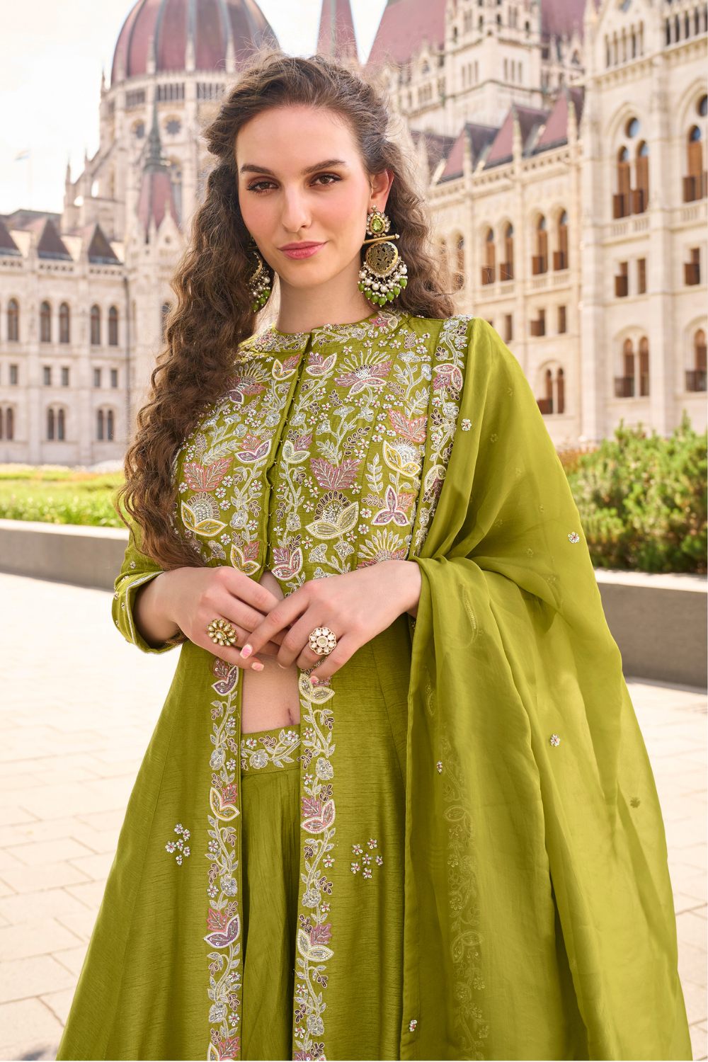 Green Silk Indo-Western with Sequins and Pearl work