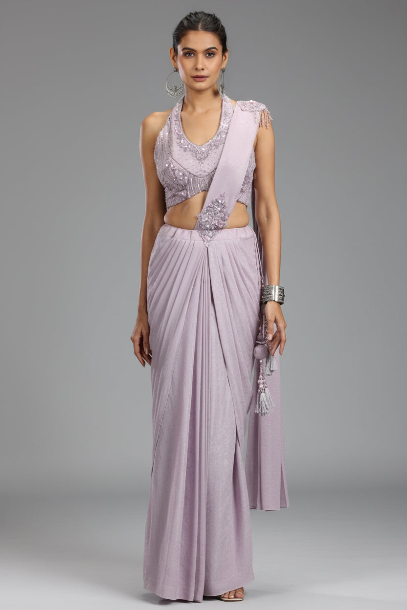 Lavender Crape Silk Drape Saree with Beads and Sequins Work