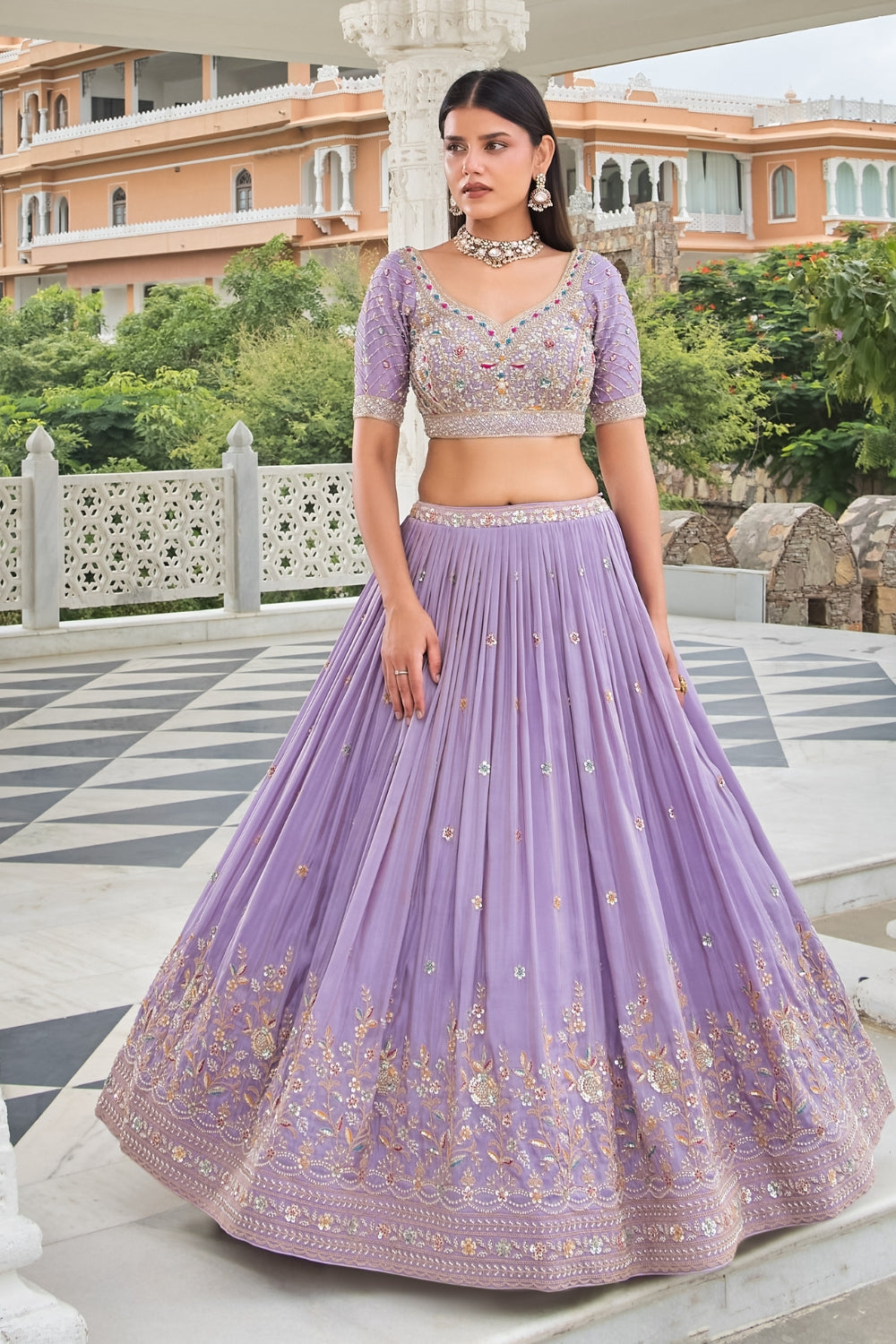 Lavender Crape Silk Lehenga Set with Zardosi and Sequins Work