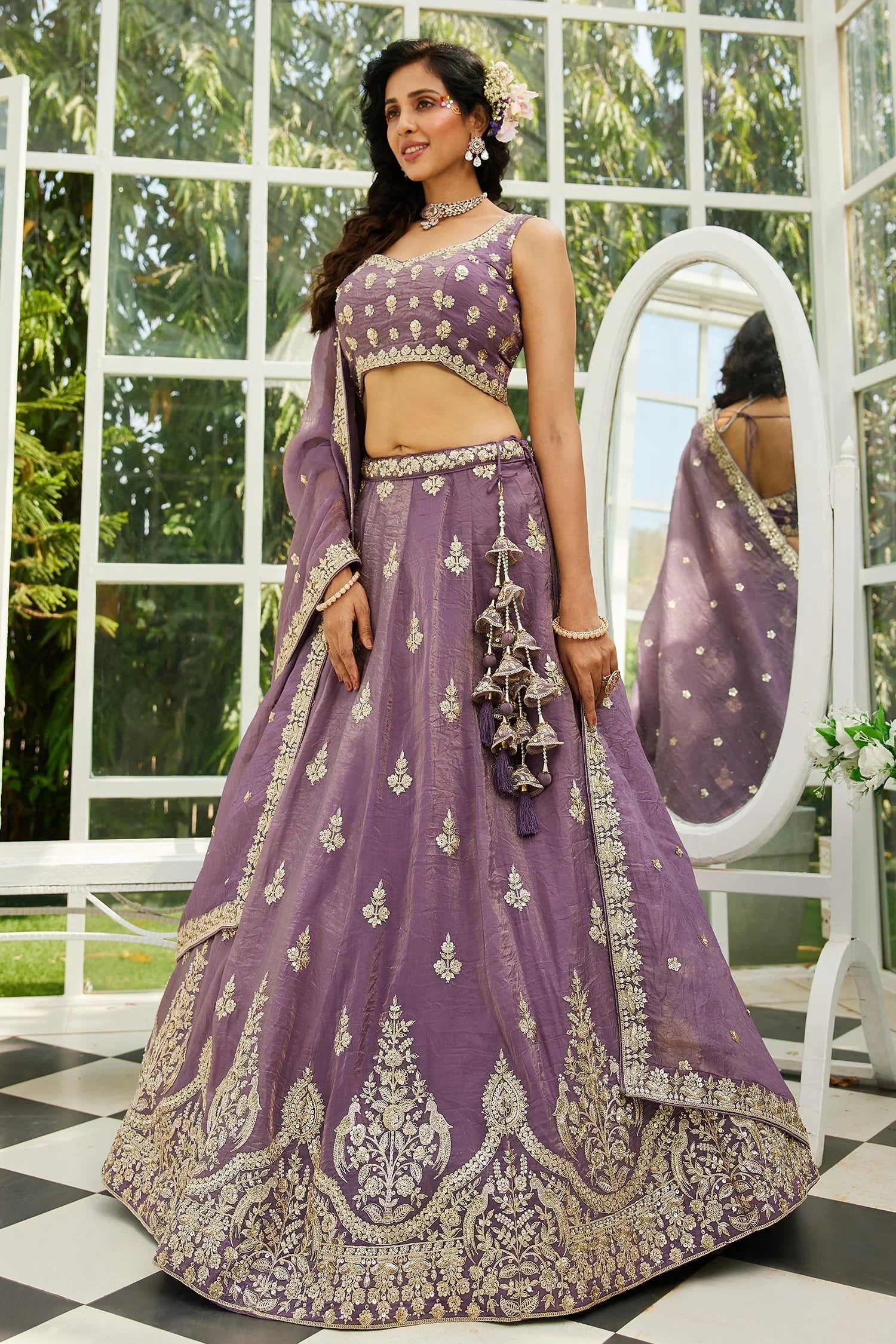 Lavender Organza Silk Lehenga with Sequin Zari Embroidered Border