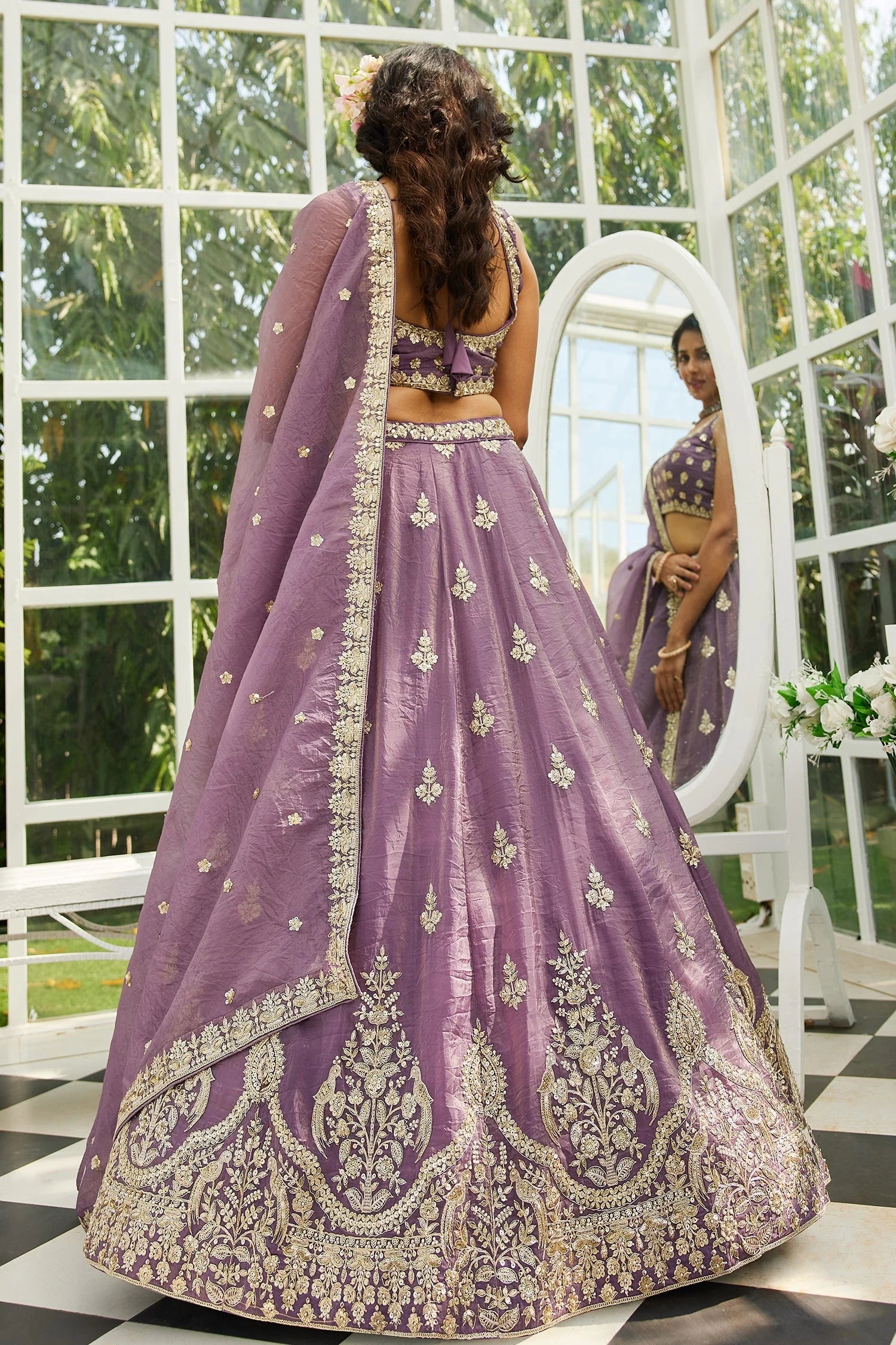 Lavender Organza Silk Lehenga with Sequin Zari Embroidered Border