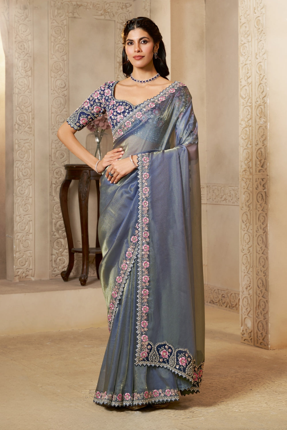 Lavender Organza Silk Saree with Sequins and Moti Work