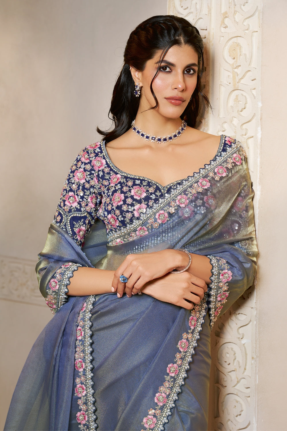 Lavender Organza Silk Saree with Sequins and Moti Work