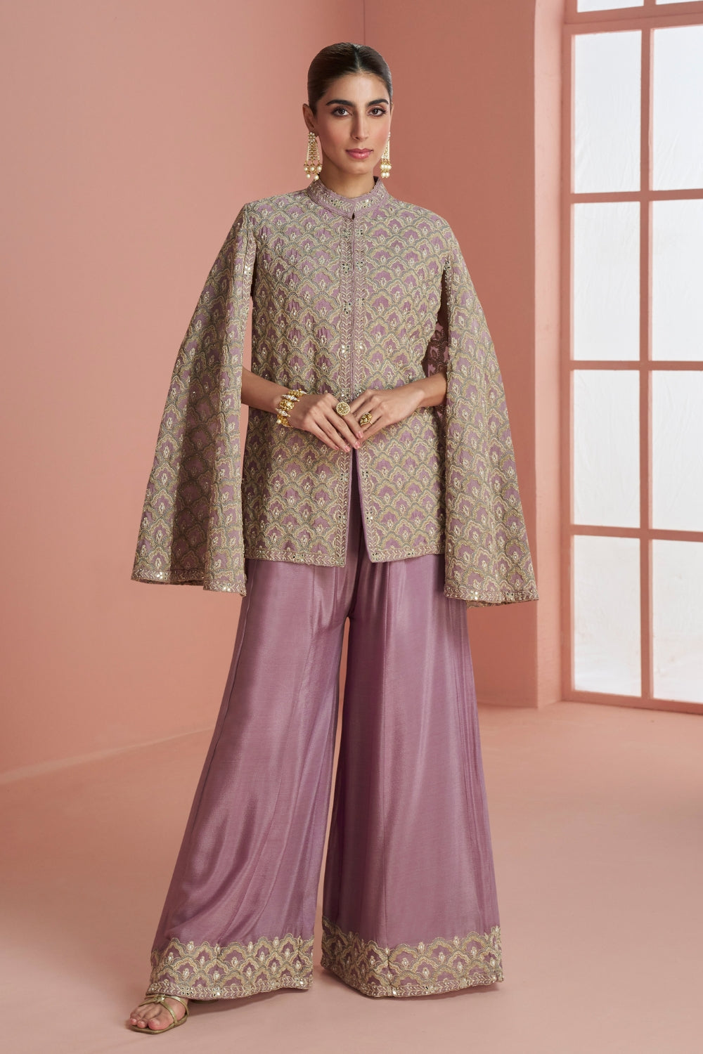 Lavender Silk Palazzo Set with Embroidery and Moti Work