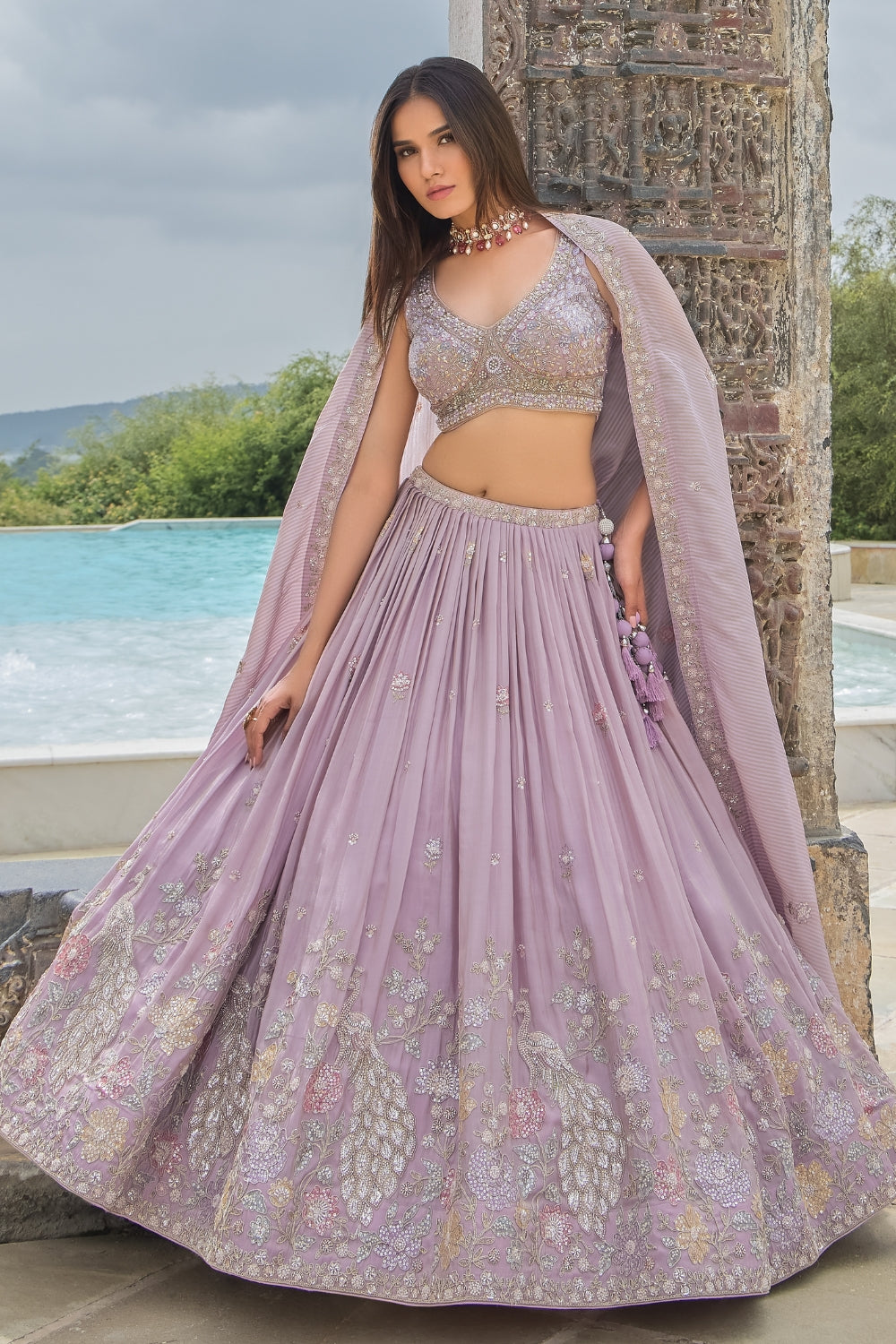 Lavender Tissue Lehenga Set with Cutdana and Embroidery Work