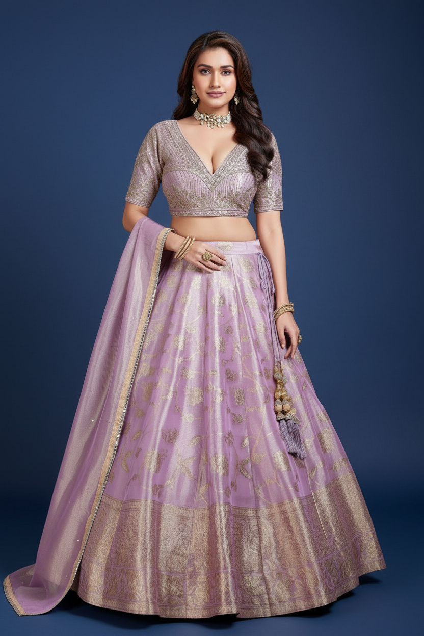 Lavender Tissue Zari weave lehenga choli with V neckline blouse