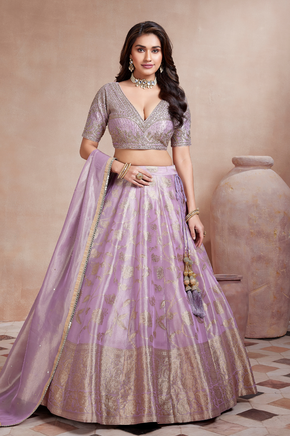 Lavender Tissue Zari weave lehenga choli with V neckline blouse