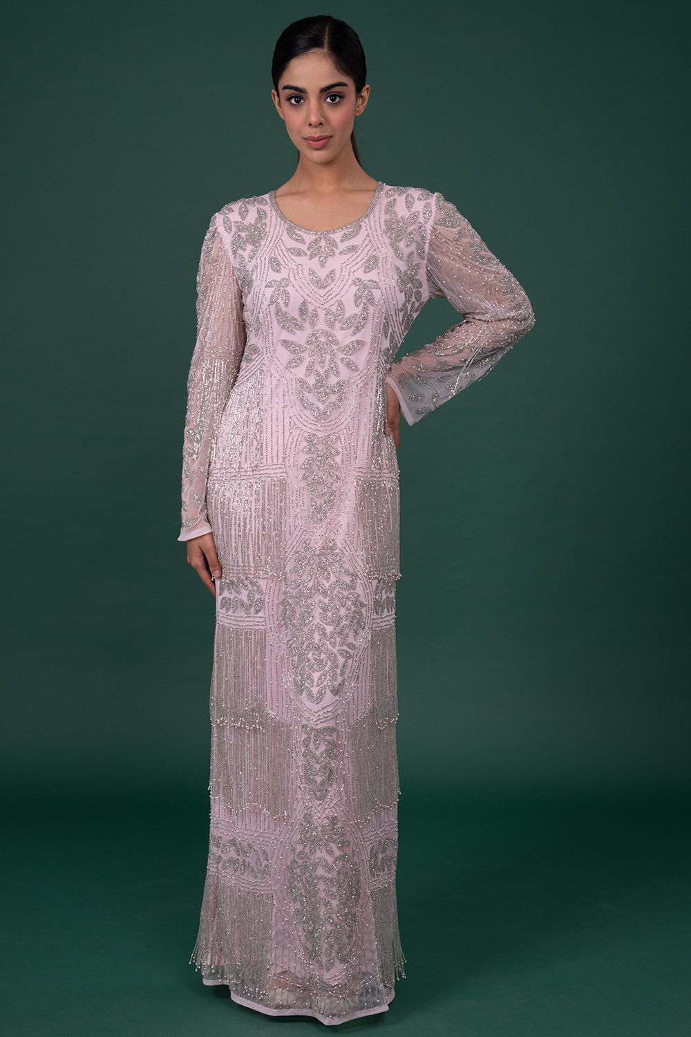 Lavender Tulle Column Gown With Floral Sequin Work And Tiered Bead Fringes