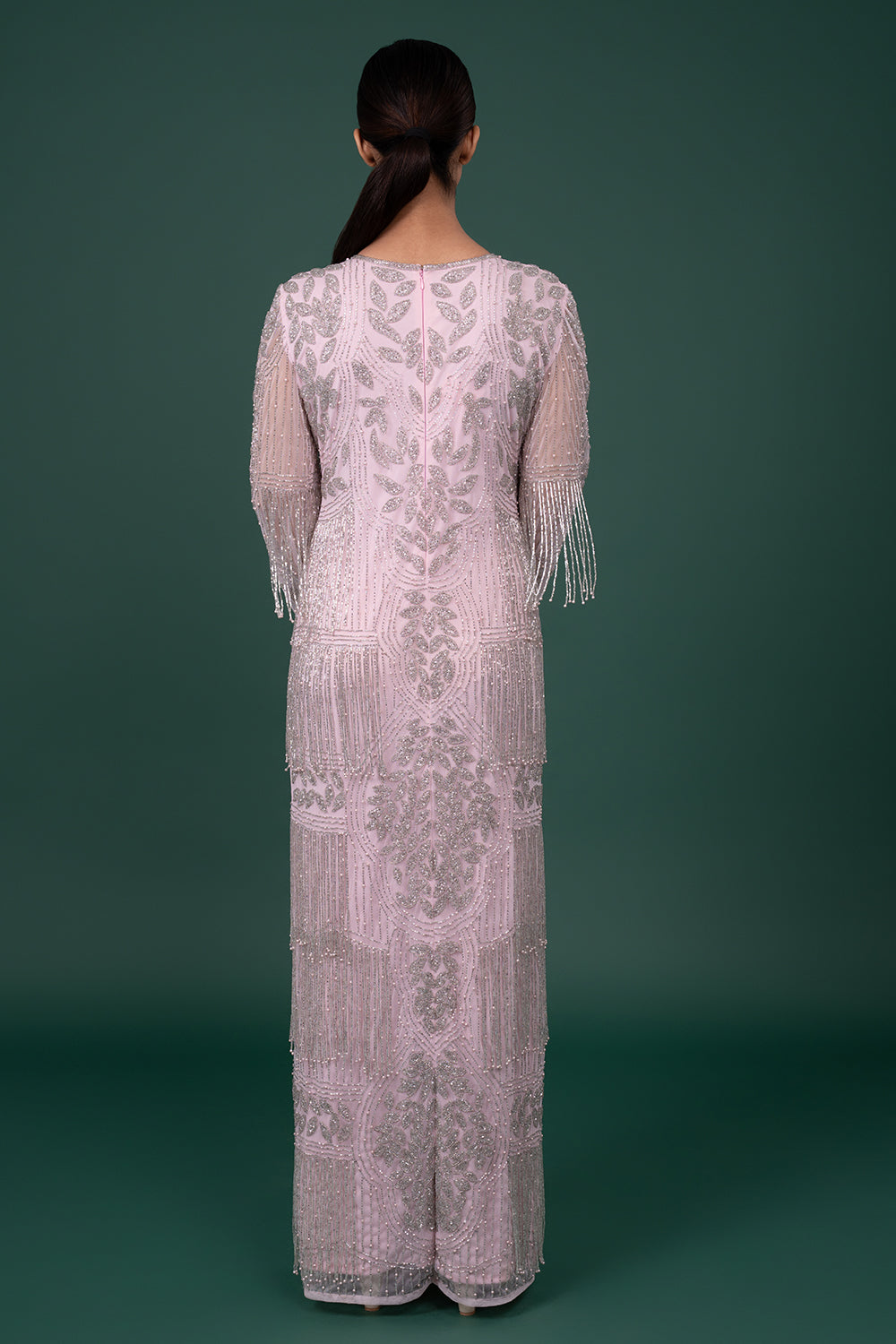 Lavender Tulle Column Gown With Floral Sequin Work And Tiered Bead Fringes