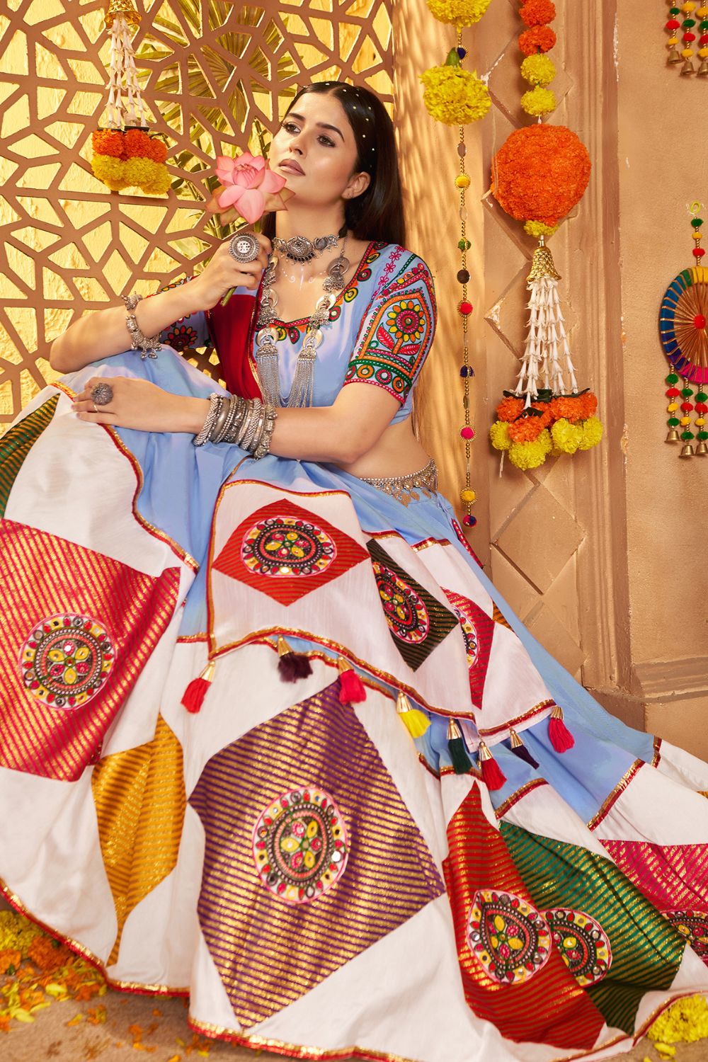 Light Blue Viscose Cotton Navratri Lehenga Choli With Thread Embriodered And Jacquard Patch Work