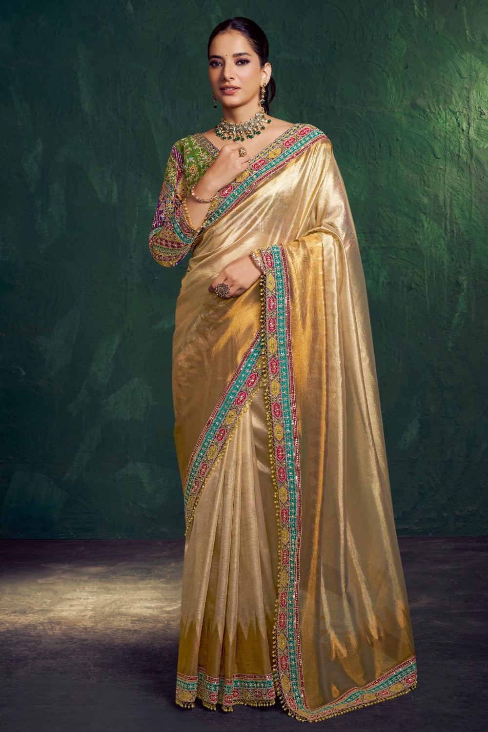 Golden Shaded Tissue Saree with Cutdana and Moti Work