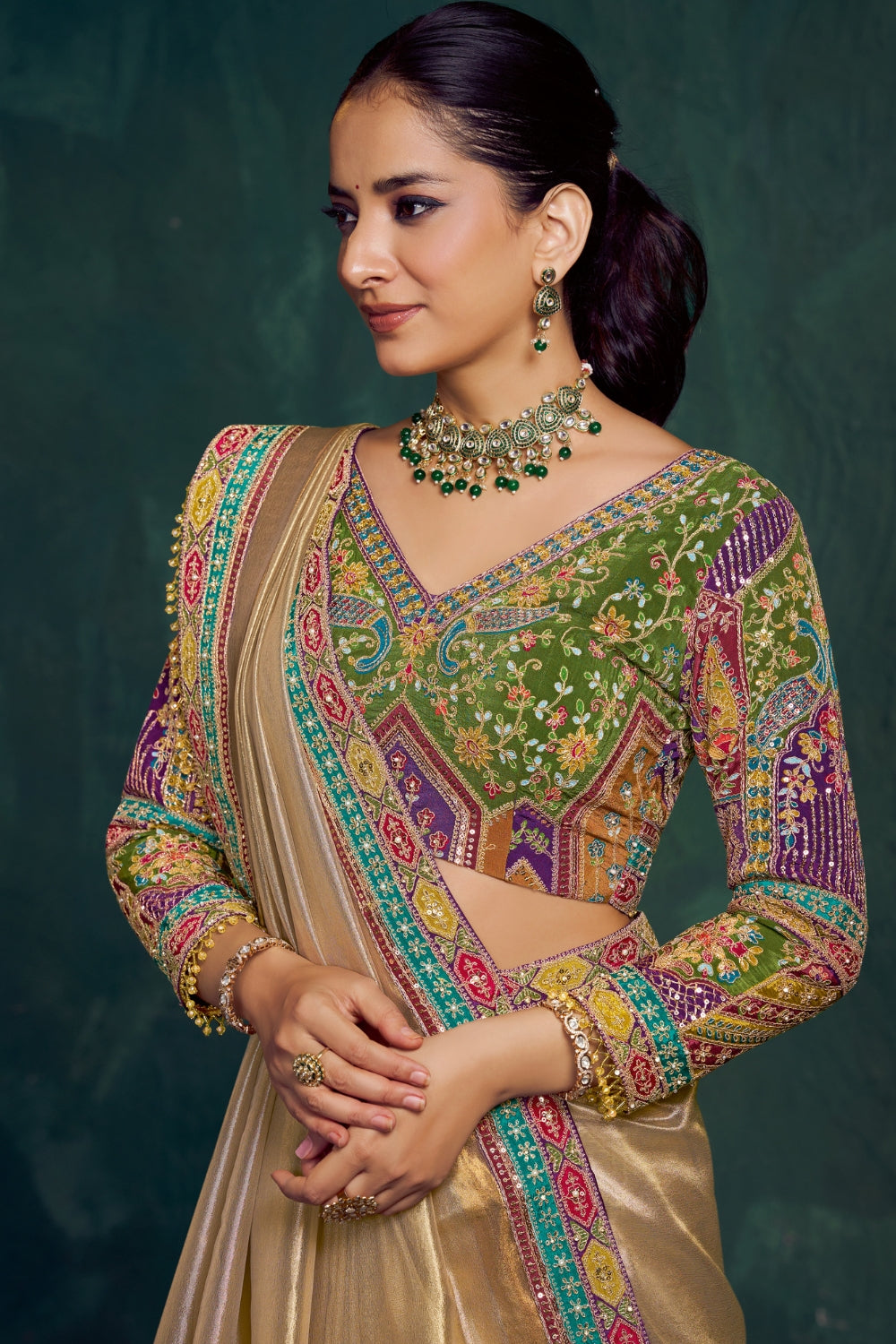 Golden Shaded Tissue Saree with Cutdana and Moti Work