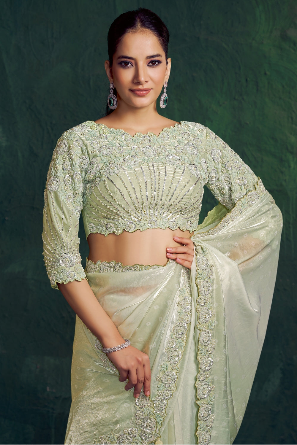 Light Green Silk Saree with Beads and Sequins Work