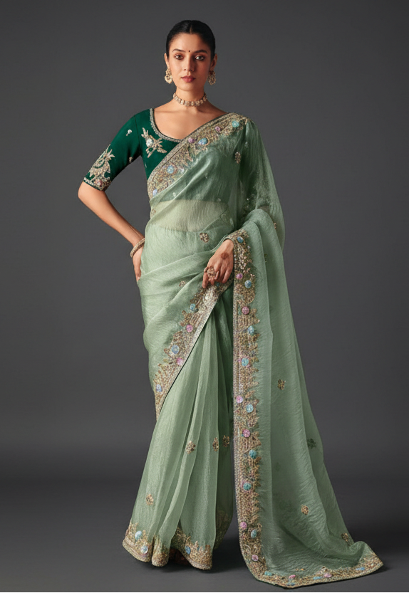 Light Green Silk Saree with Sequins and Stone Work