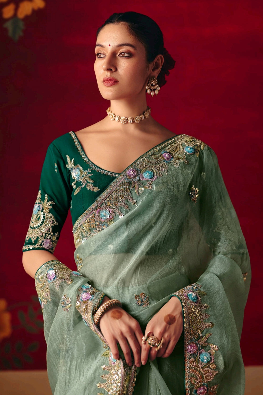 Light Green Silk Saree with Sequins and Stone Work