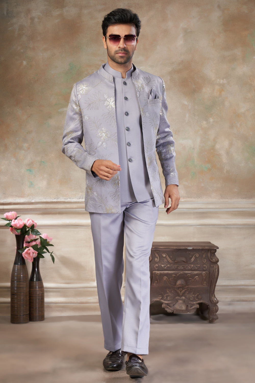 Light Grey Imported Jodhpuri Set with Embroidery and Sequins Work