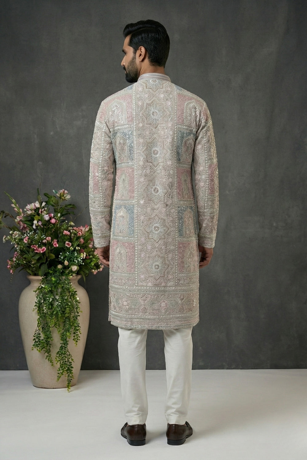 Light Grey Silk Kurta Set with Embroidery and Sequins Work