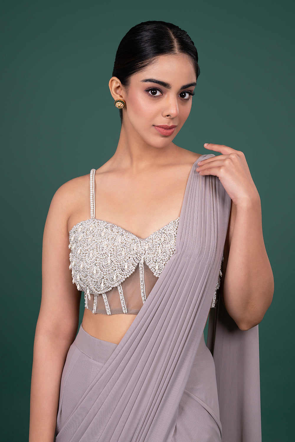 Light Grey draped Pre-stiched Saree with Heavily Embellished Corset
