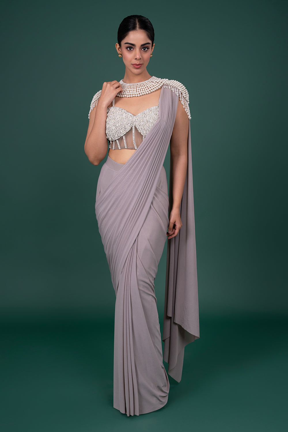 Light Grey draped Pre-stiched Saree with Heavily Embellished Corset