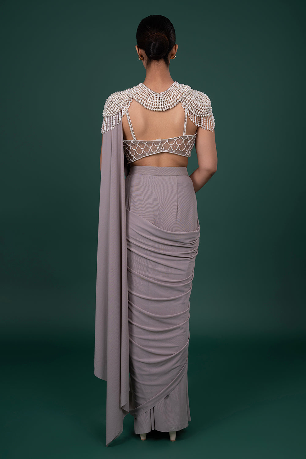 Light Grey draped Pre-stiched Saree with Heavily Embellished Corset